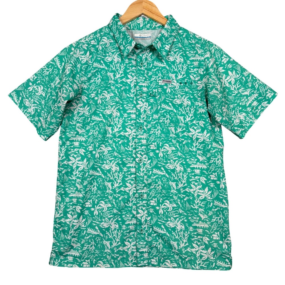 Columbia PFG Youth XL 18/20 Green Hawaiian Print Button Up Aloha Shirt Fishing